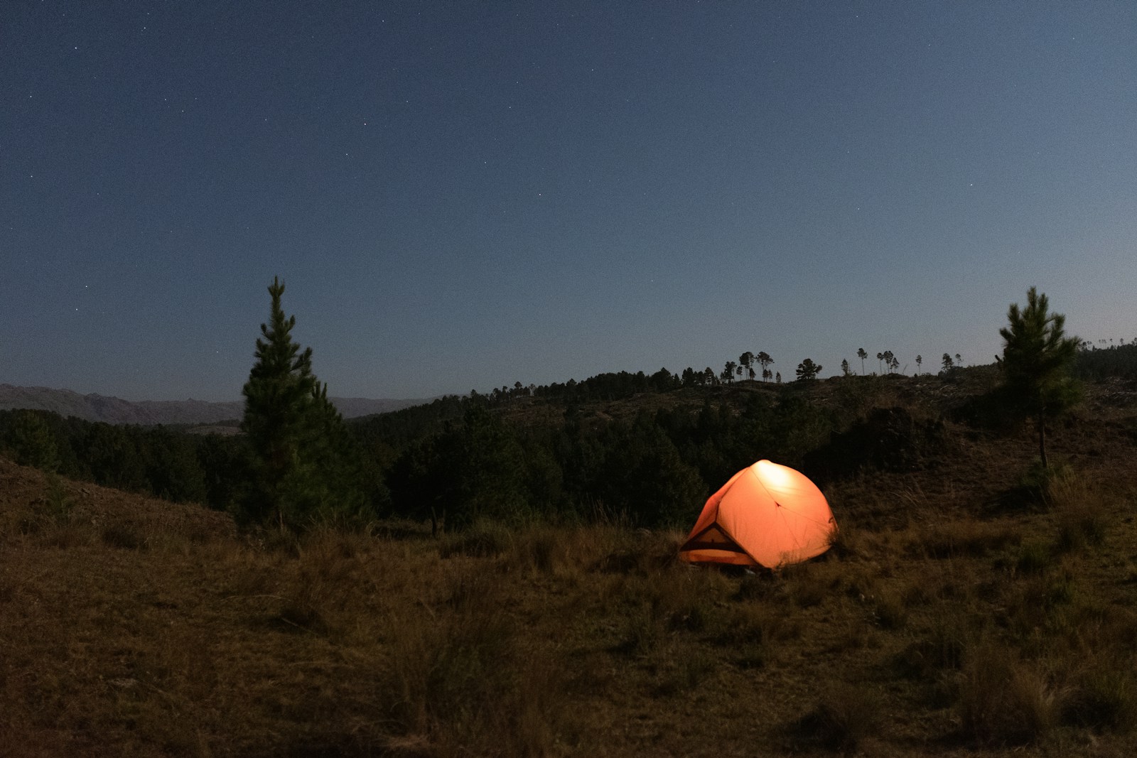 A tent pitched up in a field at night
