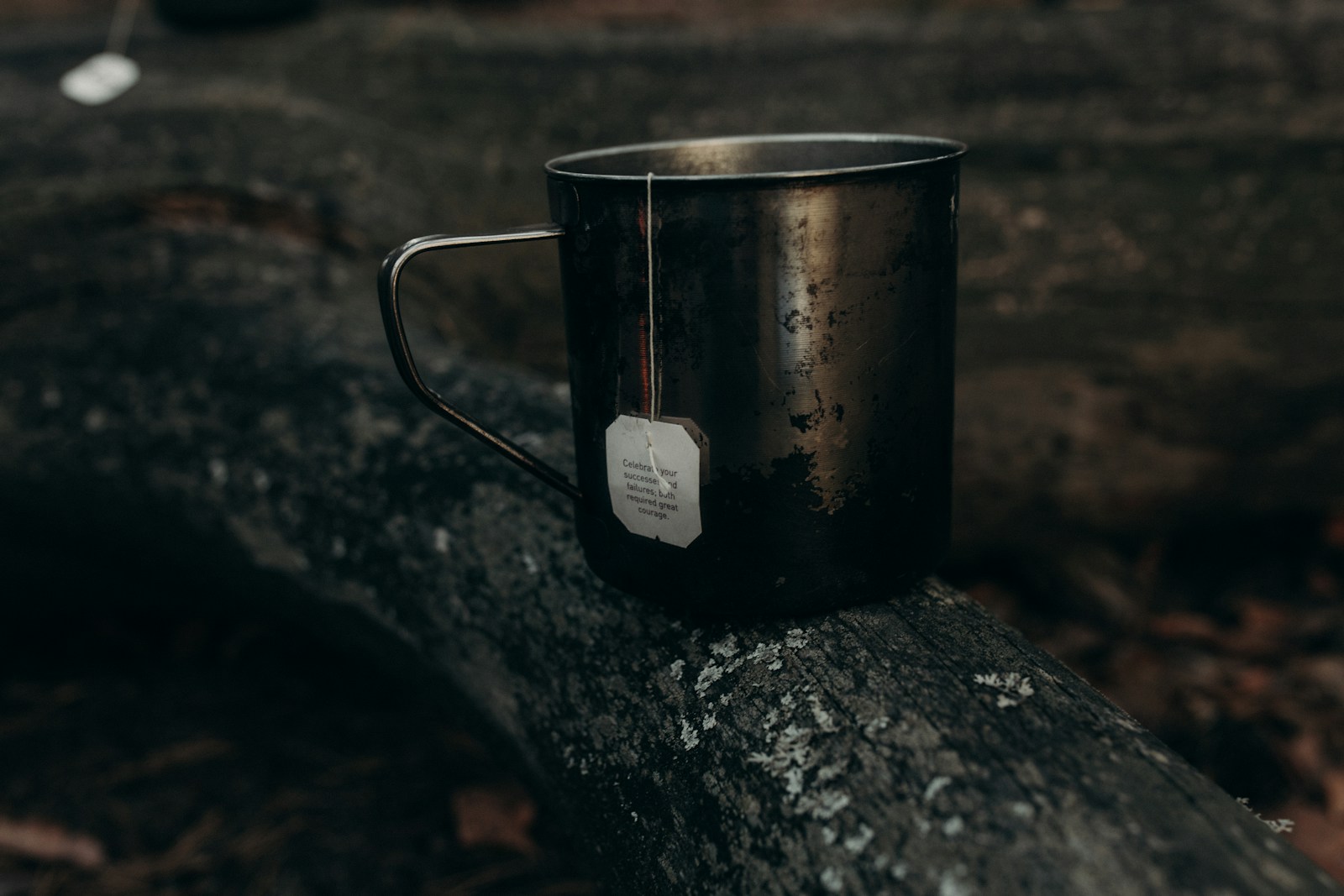 A metal cup sitting on top of a log