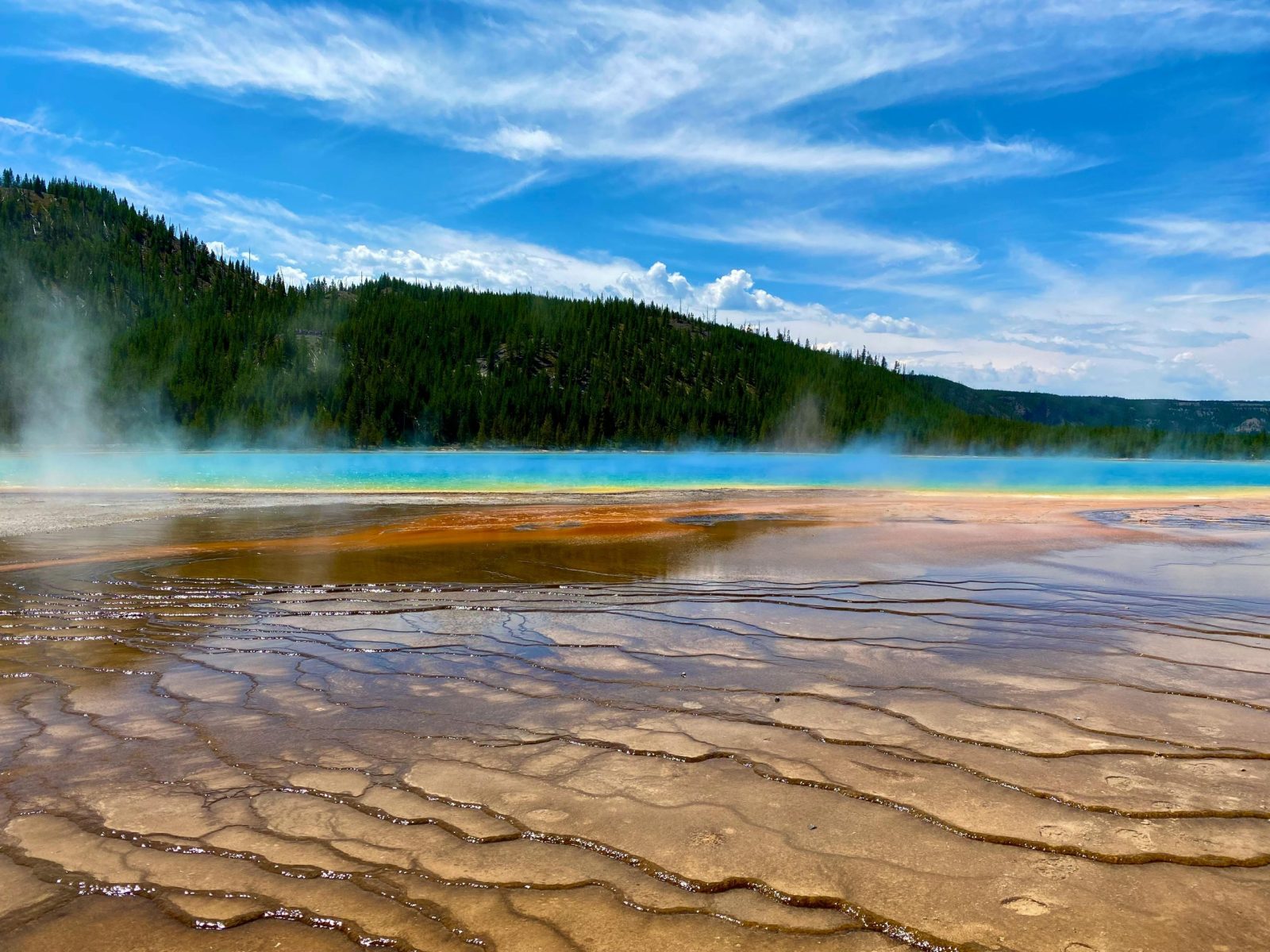 Stunning view of Grand Prismatic Spring in Yellowstone National Park with colorful mineral deposits and steam.