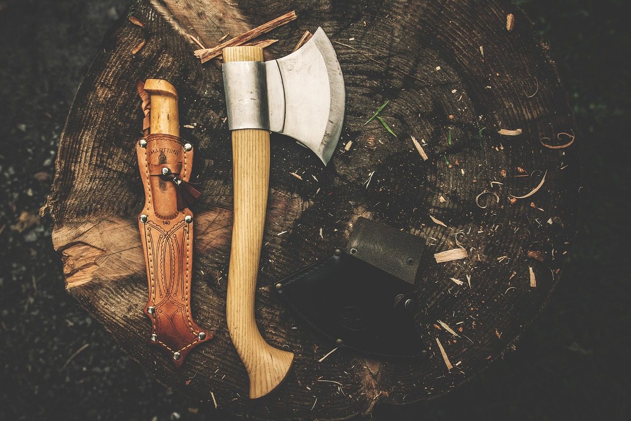 A Compact Axe Sitting on Wood Log