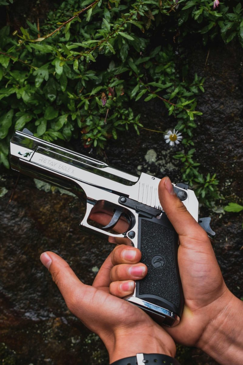 Close-up of hands holding a chrome pistol in nature, emphasizing security and power.