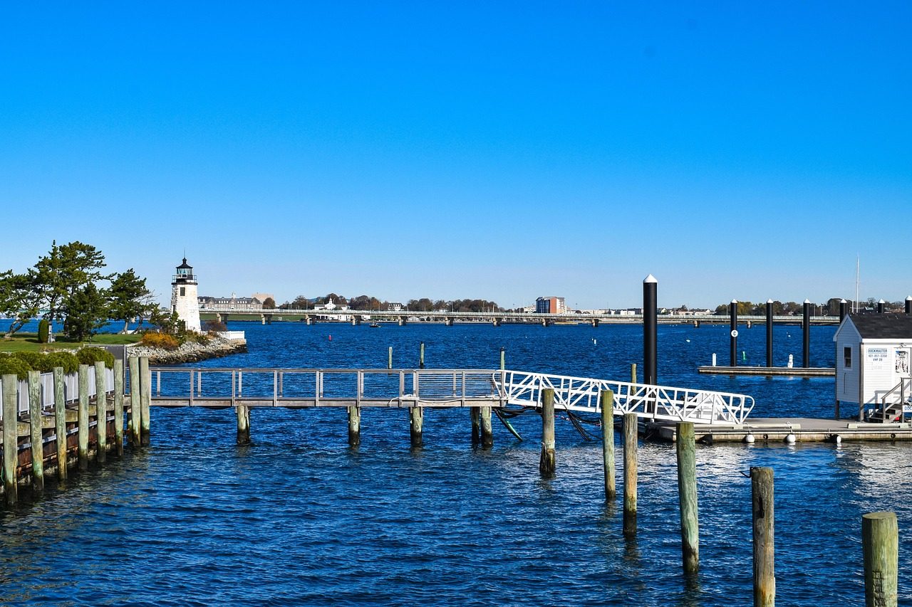 bay, nature, lighthouse, pier, ocean, dock, goat island, newport, rhode island