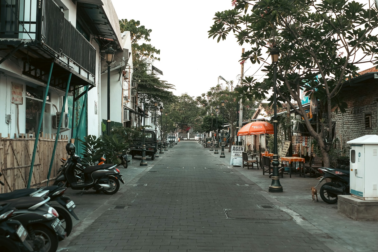 a row of motorcycles parked on the side of a street