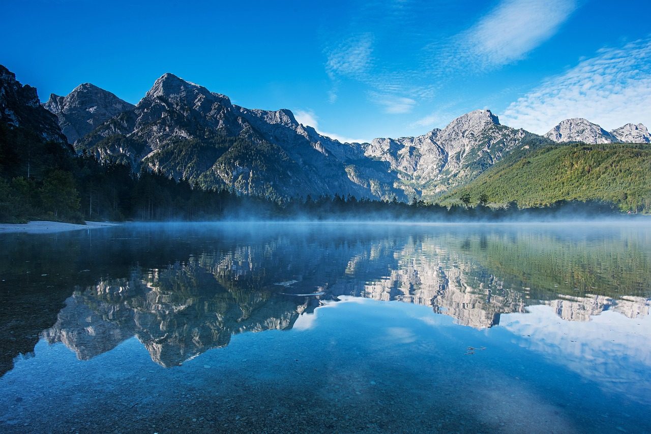 mountains, alpine, lake, landscape, mirroring, reflection, water, blue sky, nature, austria