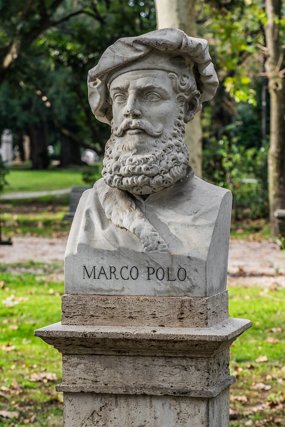 Statue of Marco Polo in the garden of Villa Borghese in Rome, Italy