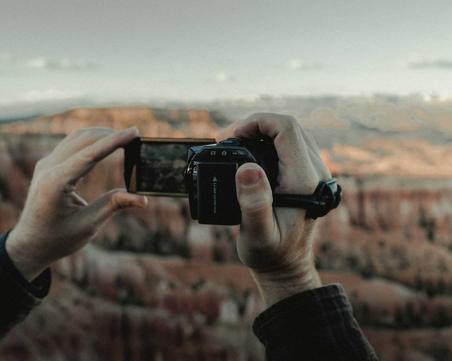 person holding black camera taking photo of brown field
