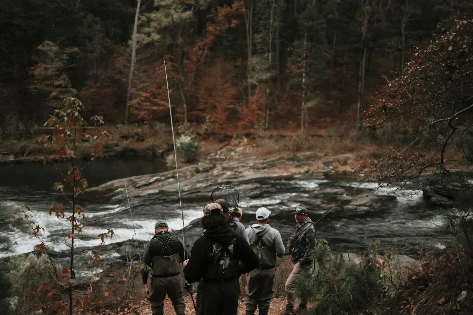 A group of people walking up a hill next to a river