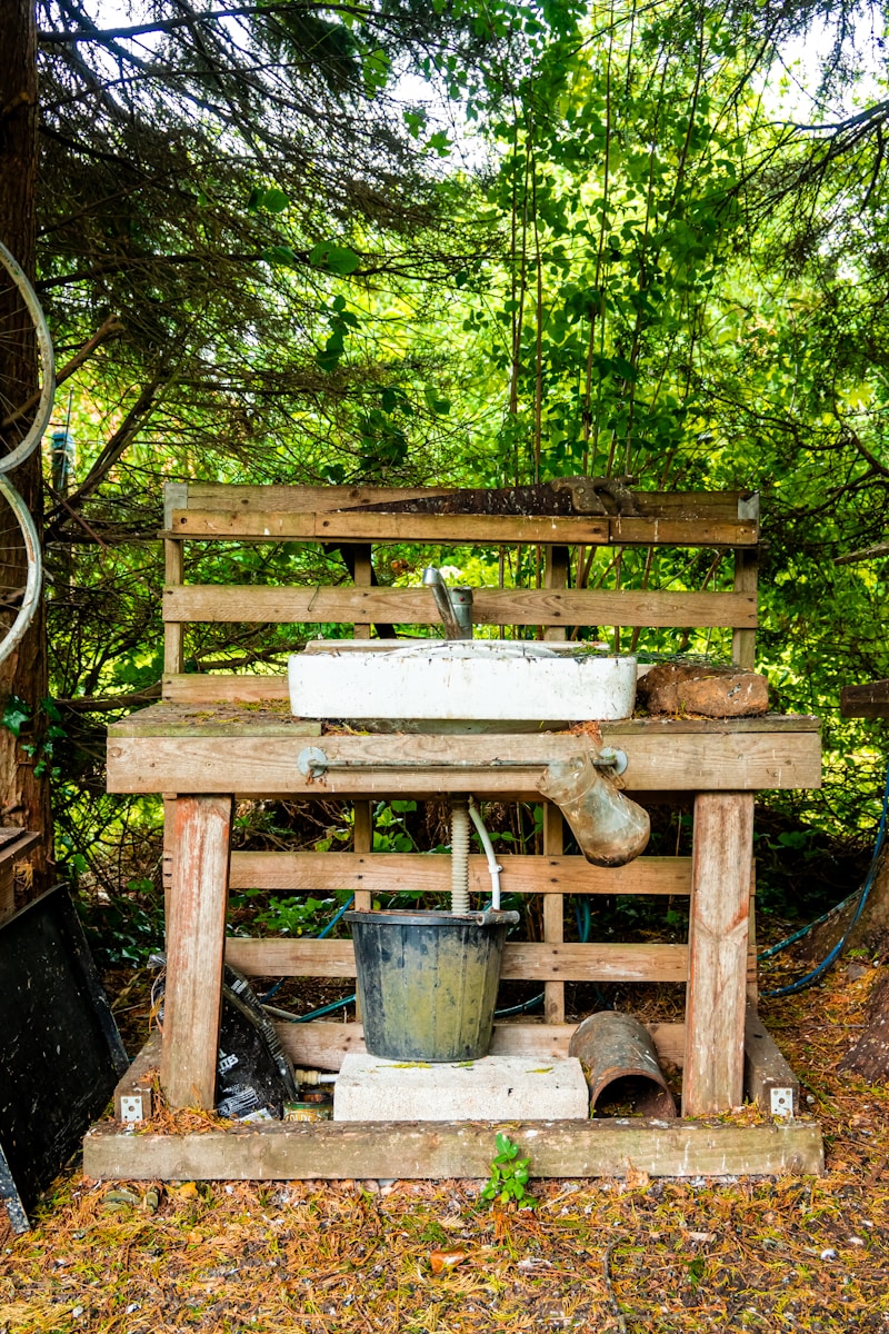 Outdoor washbasin crafted from wood.