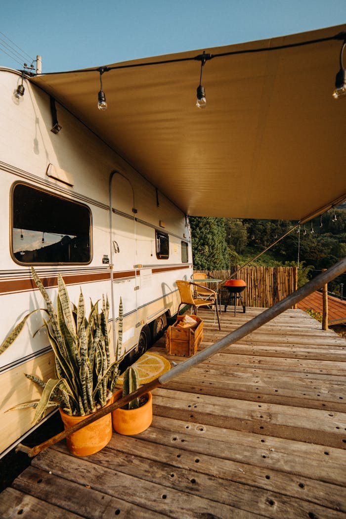 A Campervan with Wooden Floor on the Porch