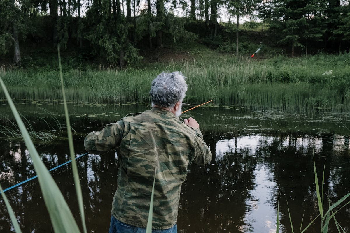 Man in Green and Brown Camouflage Jacket Fishing on Lake