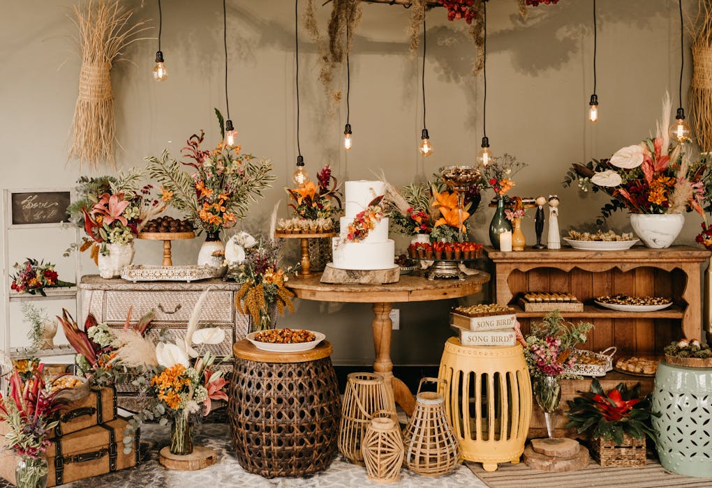 Exhibition of autumn bouquets in vinatge style at florist shop