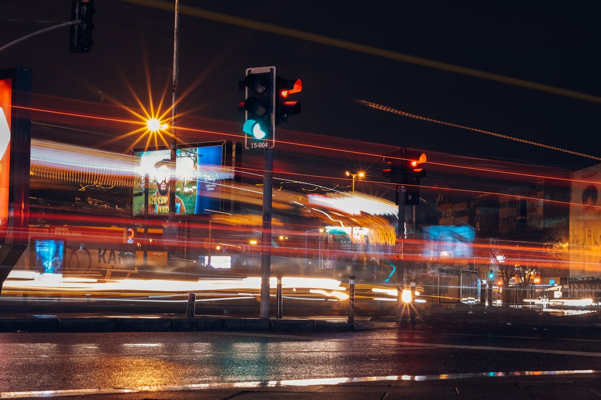 Long Exposure Photo of Busy City Street at Night