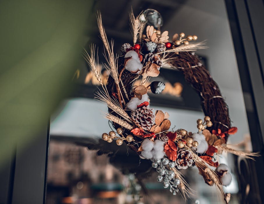 Christmas Wreath Hanging on a Window