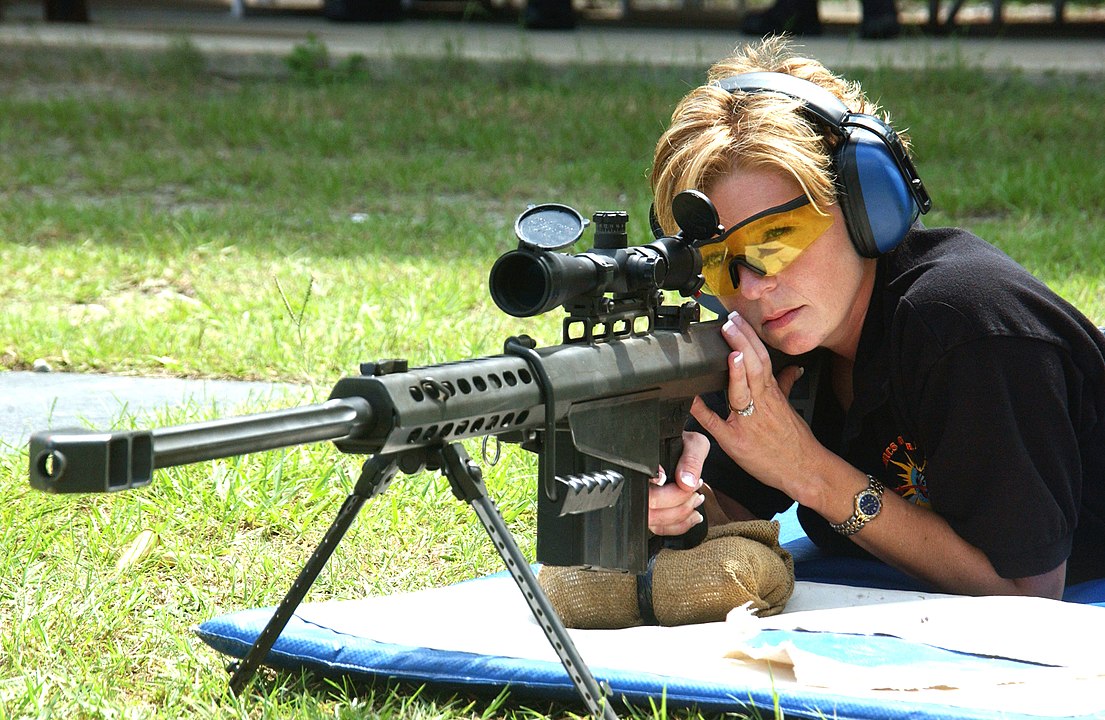 The arrowhead-shaped muzzle brake on the Barrett M82 anti-material/sniper rifle