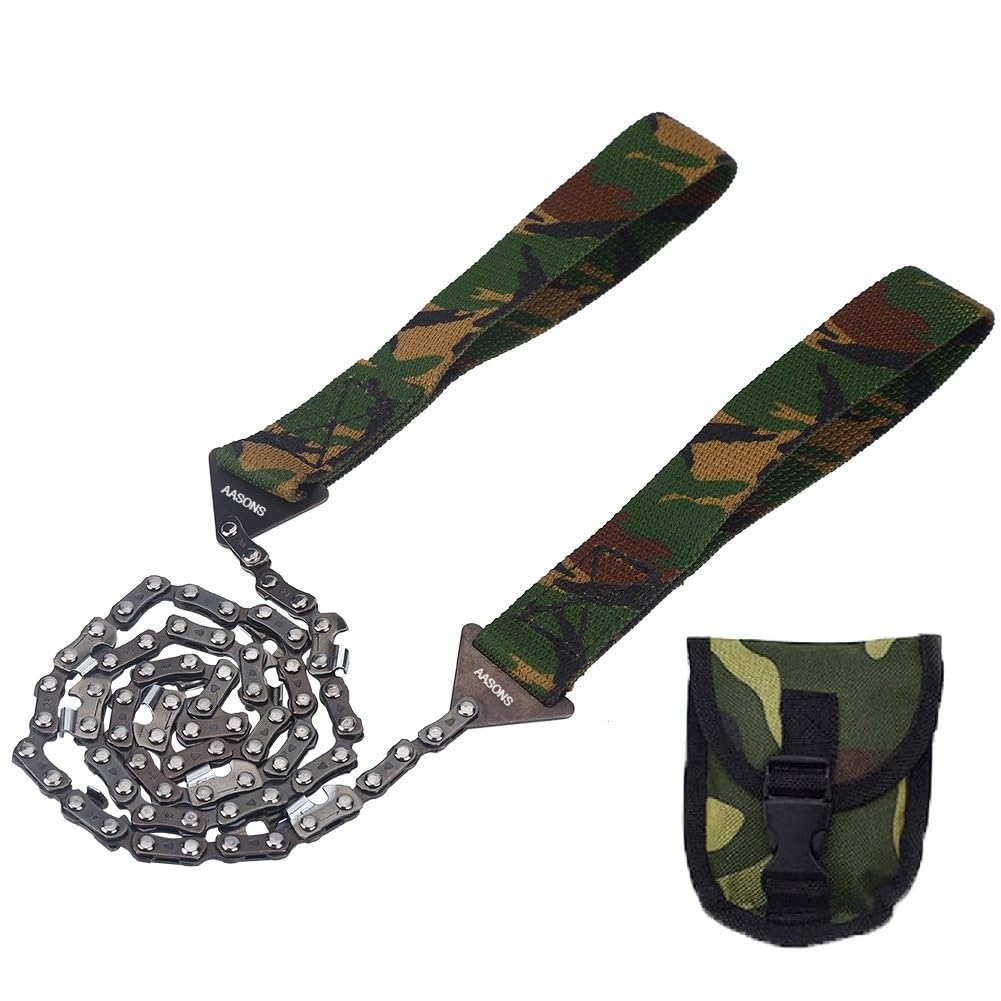 AASONS Outdoor Pocket Chainsaw Chain, Compact Folding Hand Saw Tool With Nylon Handles & Pouch For Hiking Survival Gear