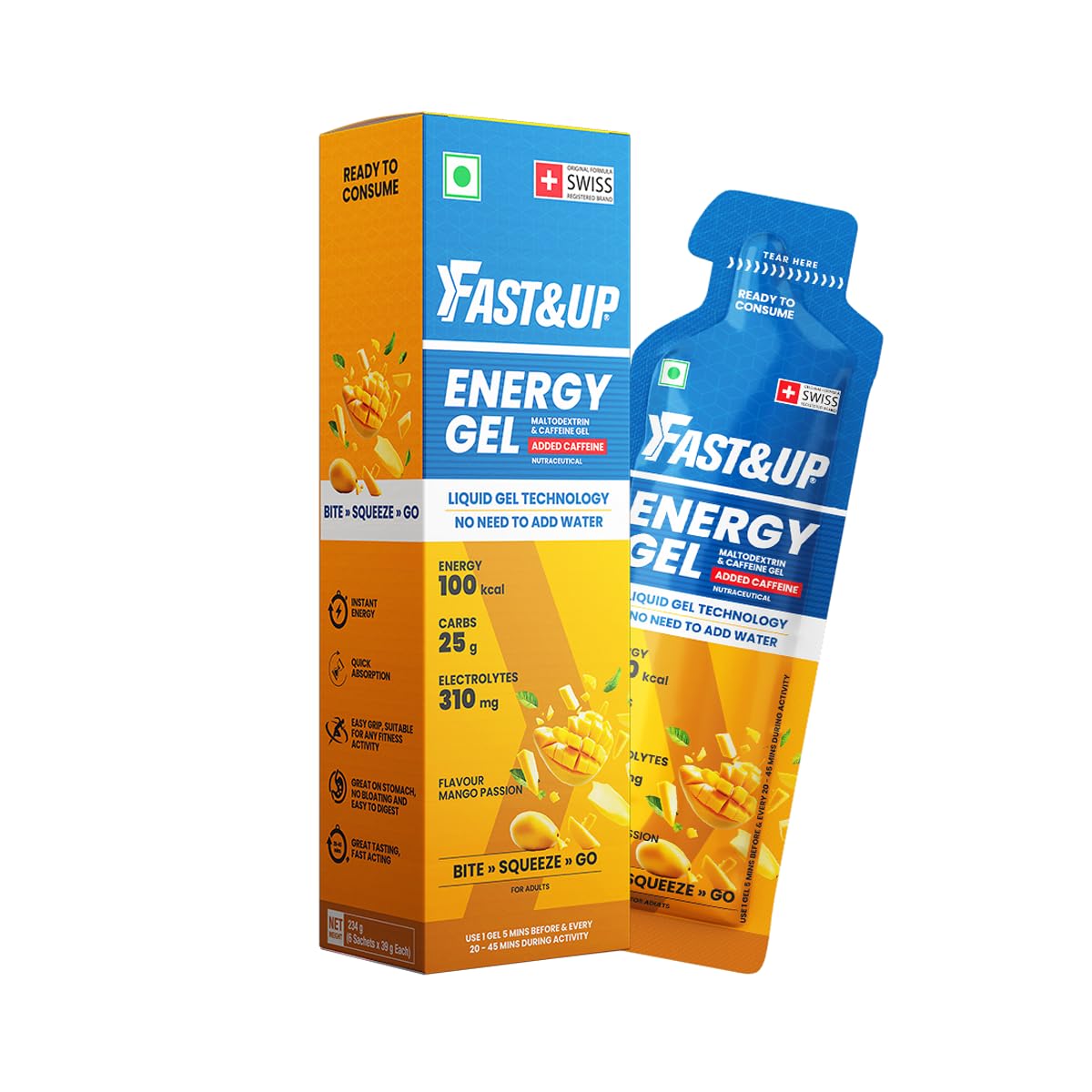 Fast&Up Energy Gel- Mango Passion flavour (Caffeinated) - Pack of 6 Gel Sachets
