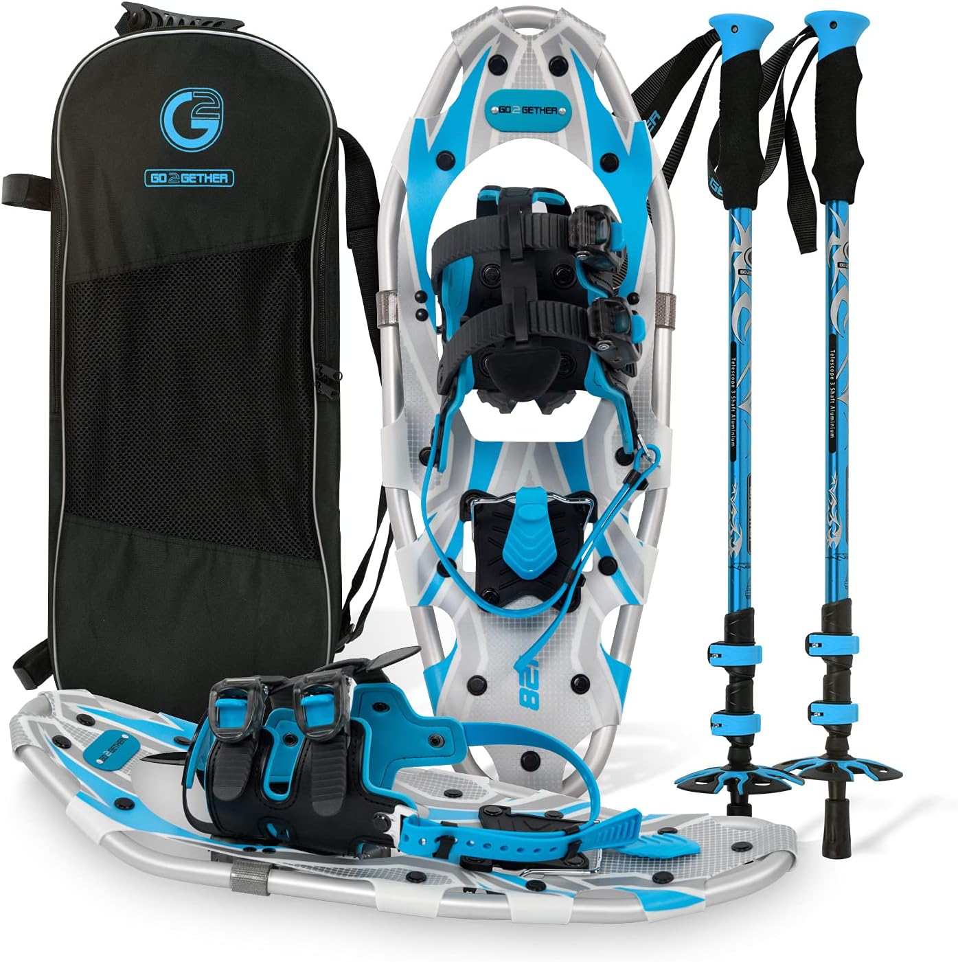 G2 21/25/30/36 Inches Light Weight Snowshoes with Toe Box, EVA Padded Ratchet Binding, Heel Lift, Flexible Pivot Bar, Durable Back Strap, Trekking Poles, Carrying Bag, Snow Baskets