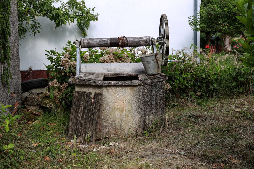 ustic Stone Well with Bucket in Garden Setting
