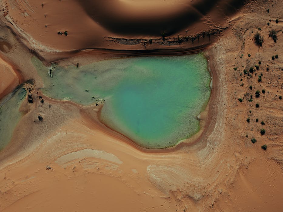 Aerial View of Turquoise Oasis in Moroccan Desert