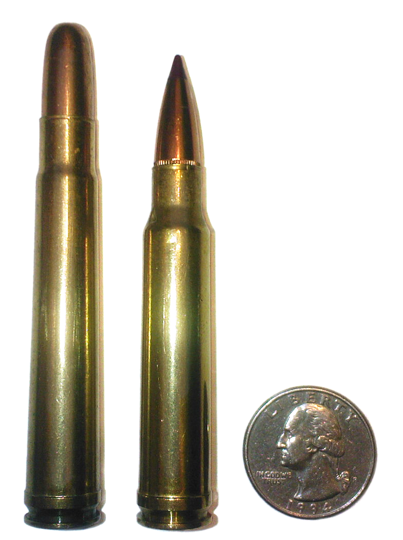 Belted.375 H&H Magnum (Left).338 Winchester Magnum (Right) US Quarter for scale.