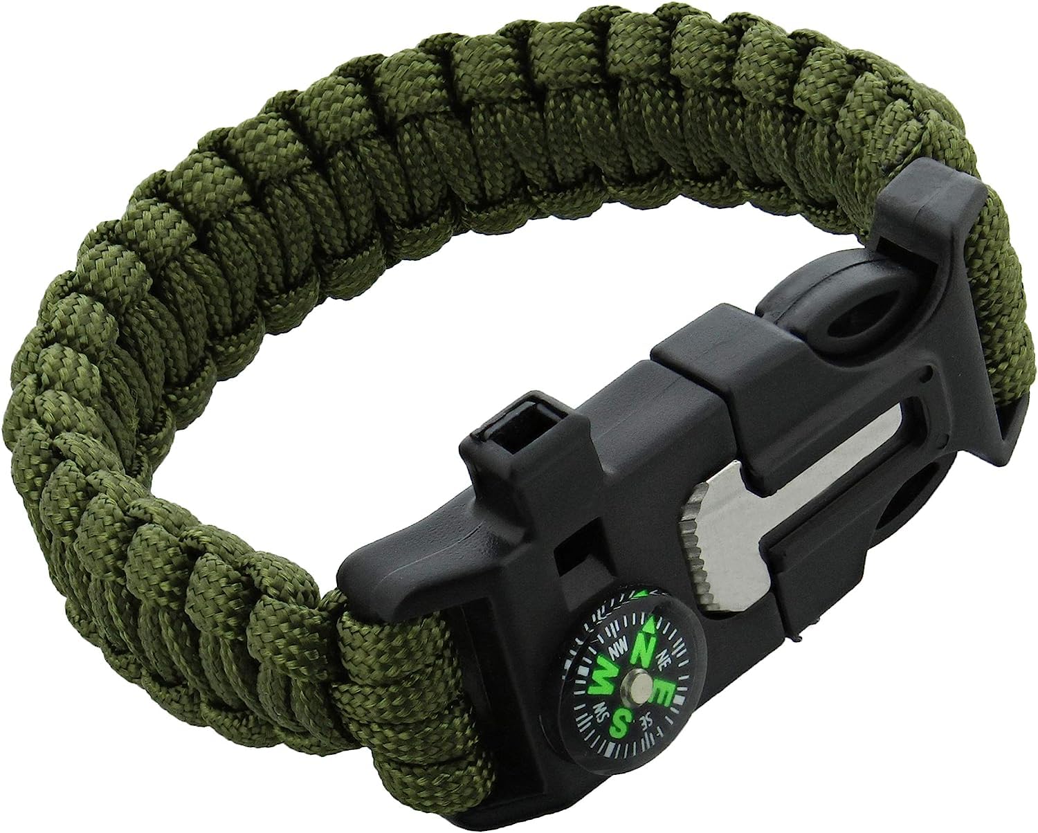 Unisex-Adult Survival Paracord Bracelet - Black Emergency Whistle Hiking Compass Camping Fire Starter Kit Tactical Bracelet (Green)