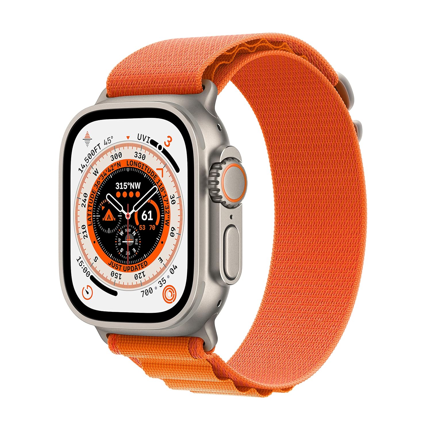 Apple Watch Ultra [GPS + Cellular 49 mm] smart watch w/Rugged Titanium Case & Orange Alpine Loop - Small. Fitness Tracker, Precision GPS, Action Button