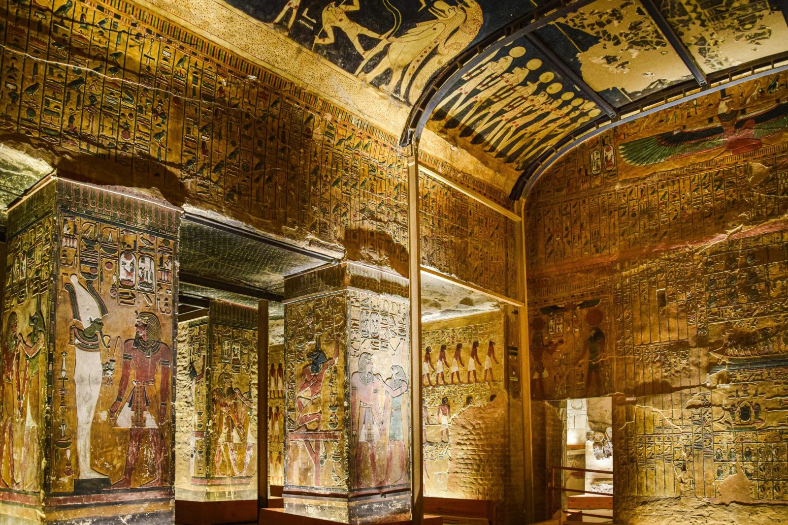 Explore the rich hieroglyphics and art inside an ancient Egyptian tomb, a testament to historic grandeur.