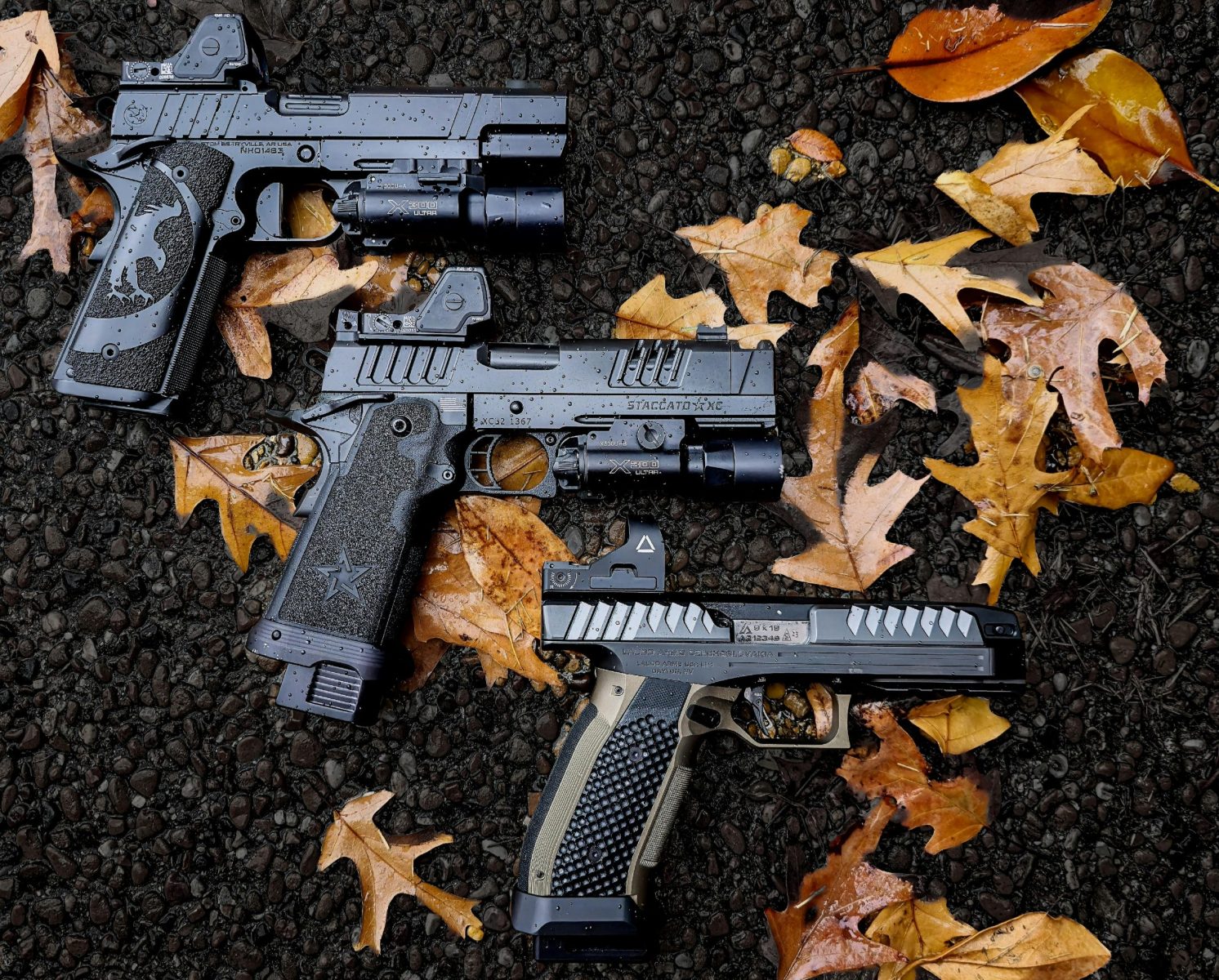 Three firearms arranged on wet ground with fall leaves, displaying tactical gear.