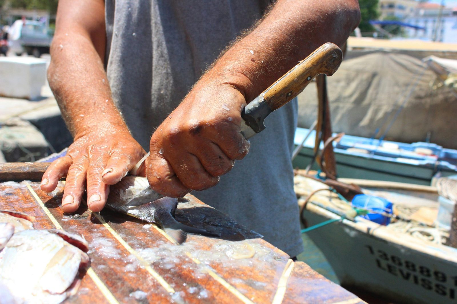 Fisherman skillfully cleaning a fish aboard a boat on a sunny day.