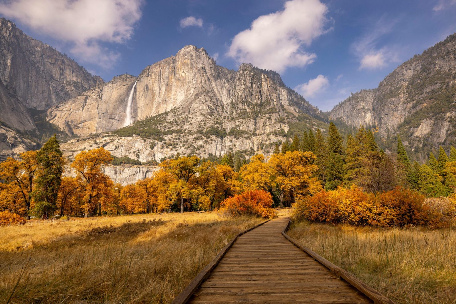 Stunning view of Yosemite Falls surrounded by autumn foliage.
