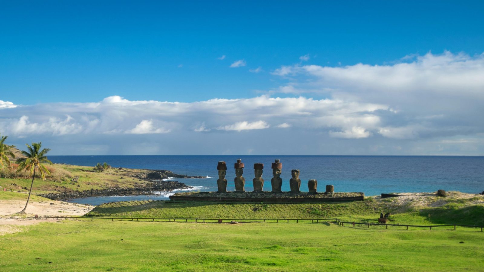 taiki-ishikawa-w6EMxsk8CDA-unsplash Iconic Moai statues at Ahu Tongariki under a clear blue sky on Easter Island's coast.