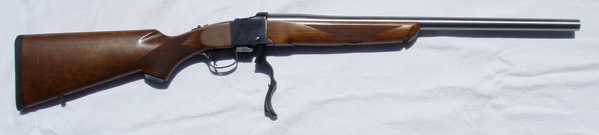 Ruger No. 1 single-shot rifle in .243 with custom barrel with action open