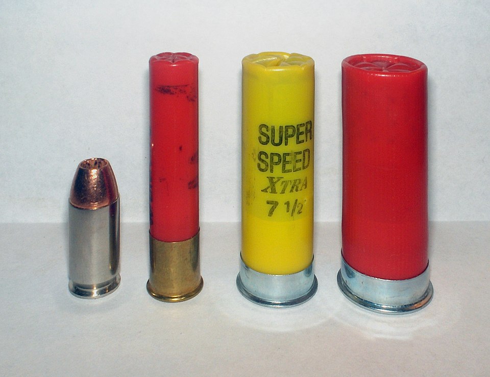 This is a photograph of (from left-right) .45 Auto, .410 bore shot-shell, 20 gauge shot-shell, 12 gauge shot-shell.