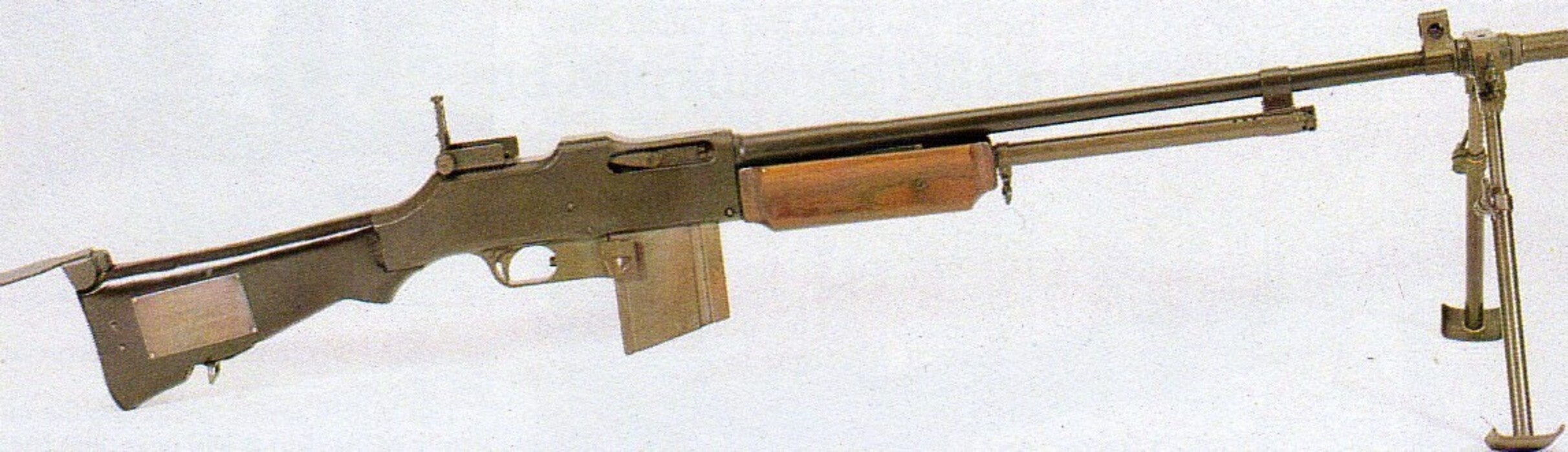 Browning Automatic Rifle M1918A2 with bipod and carrying handle, shown in profile.