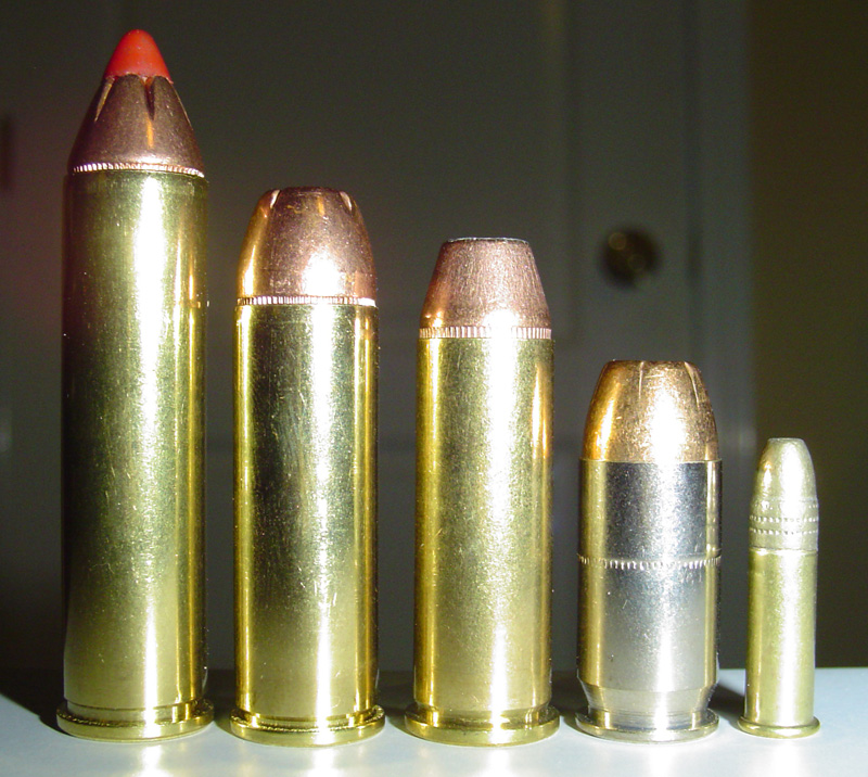 Left to right: .460 S&W Magnum, .454 Casull, .44 Magnum, .45 ACP, and .22 LR