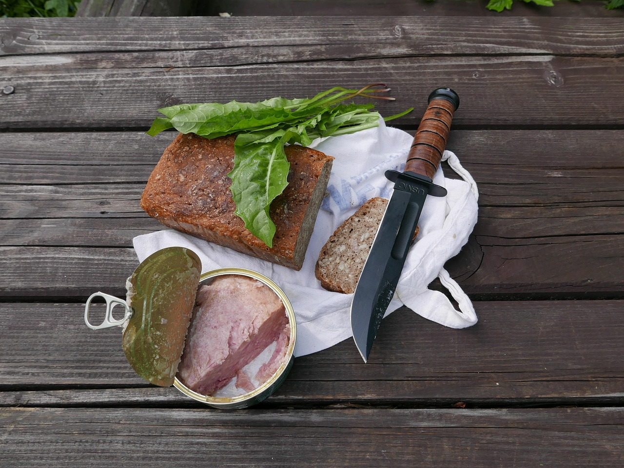food, meal, canned, mountains, hike, tourism, nutrition, knife, bread